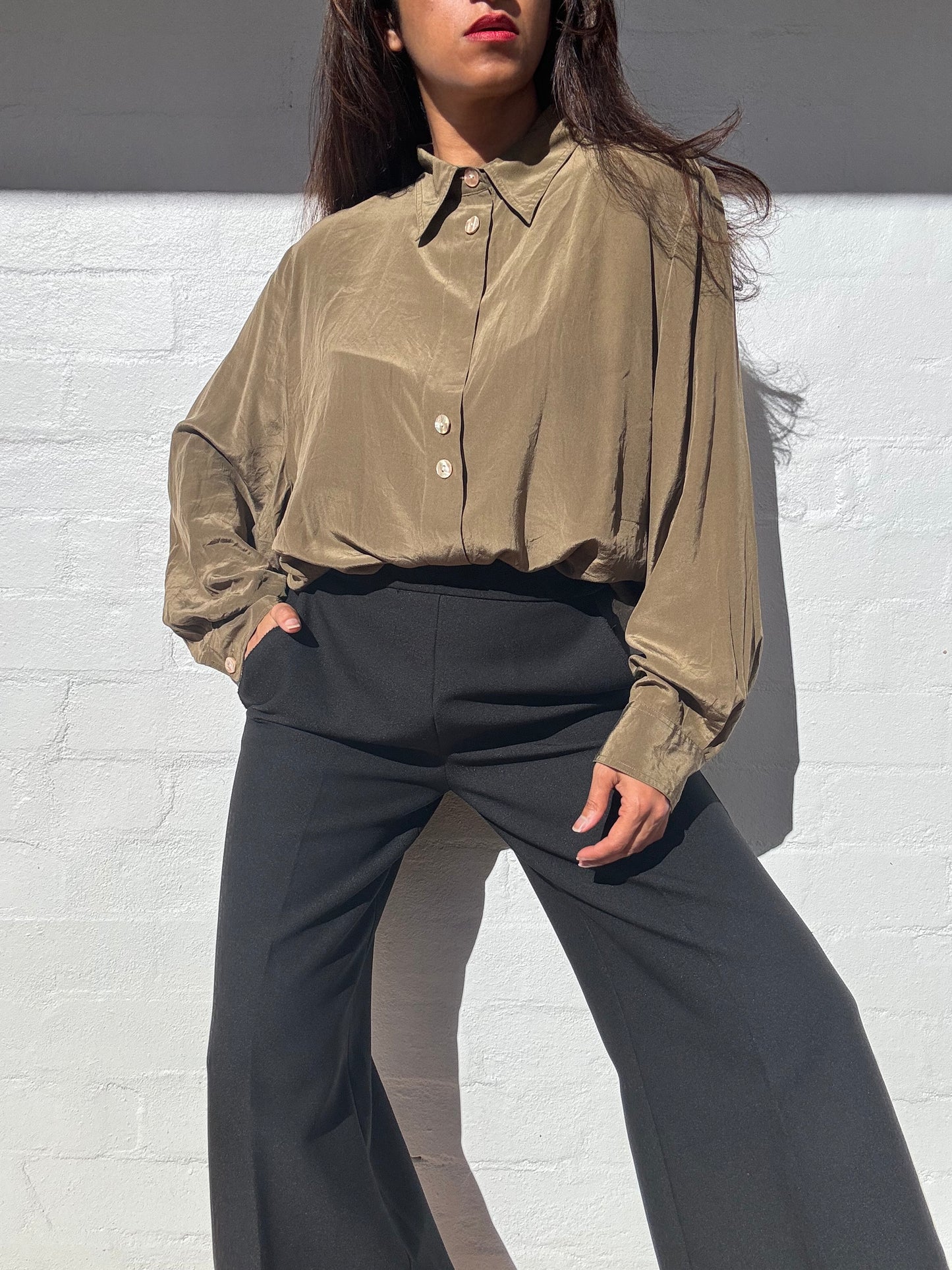 Vintage Olive Green Silk Shirt