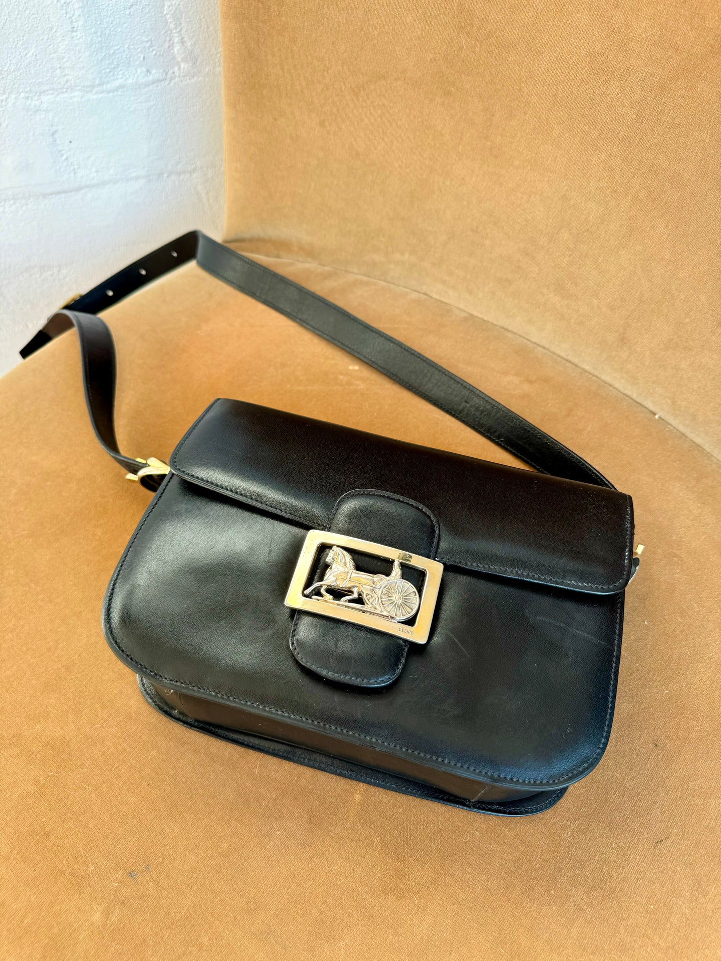 Authentic Vintage CELINE Carriage Leather Black Shoulder Bag