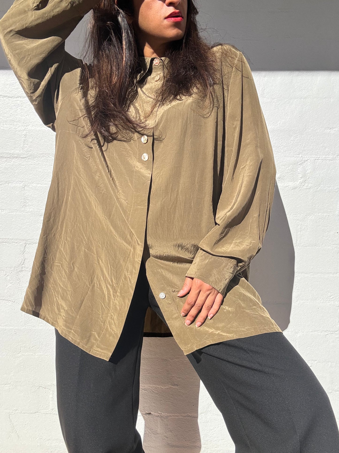 Vintage Olive Green Silk Shirt