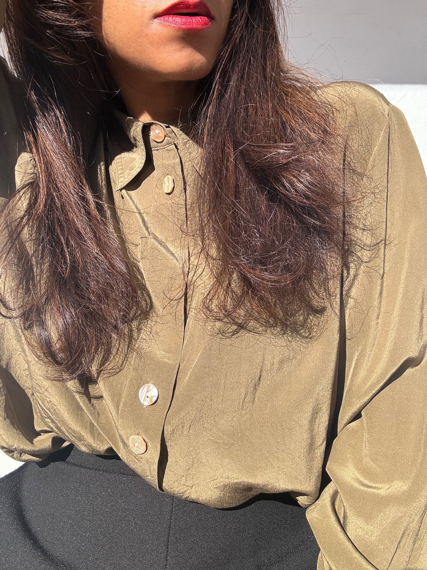 Vintage Olive Green Silk Shirt