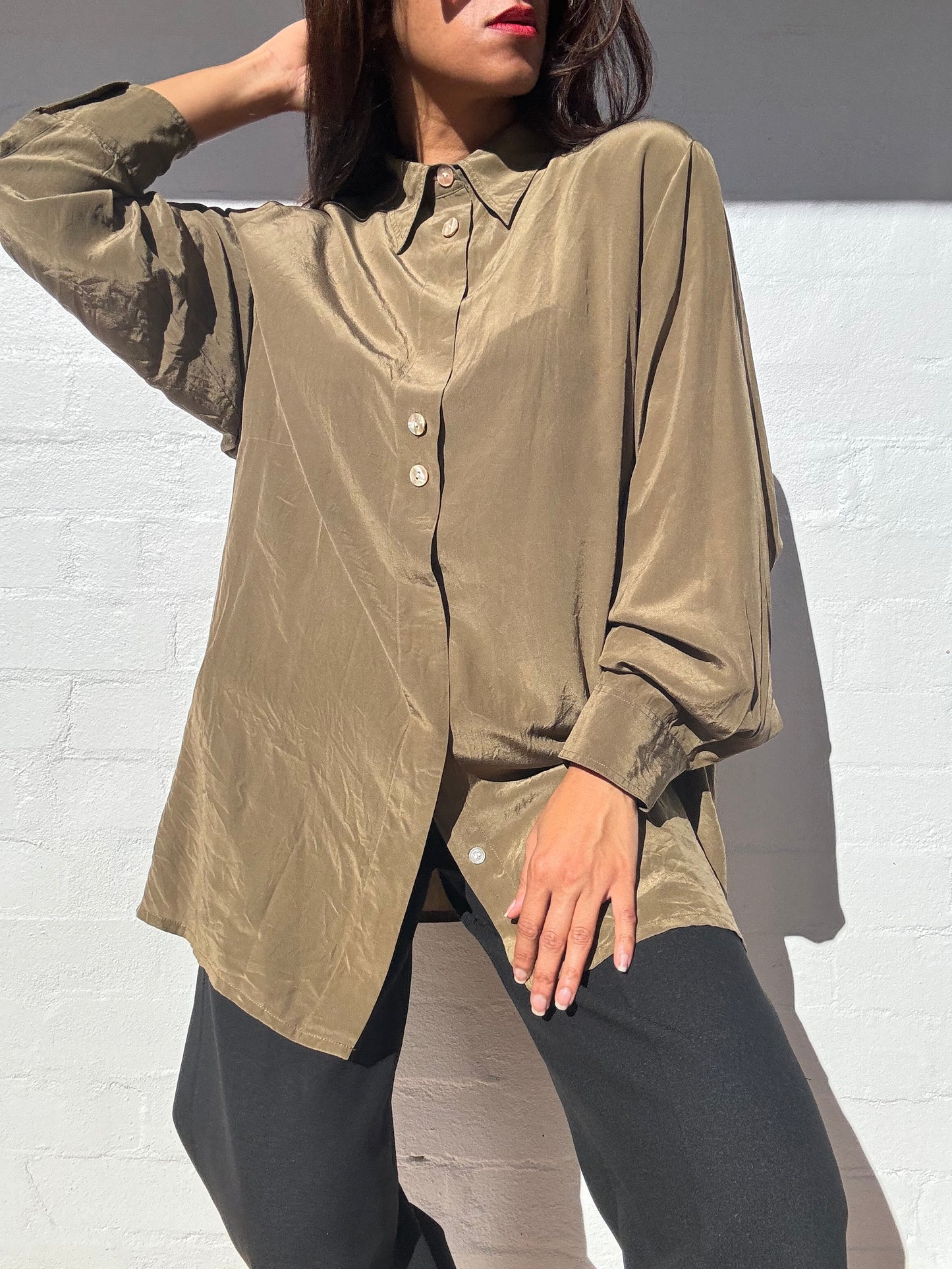 Vintage Olive Green Silk Shirt