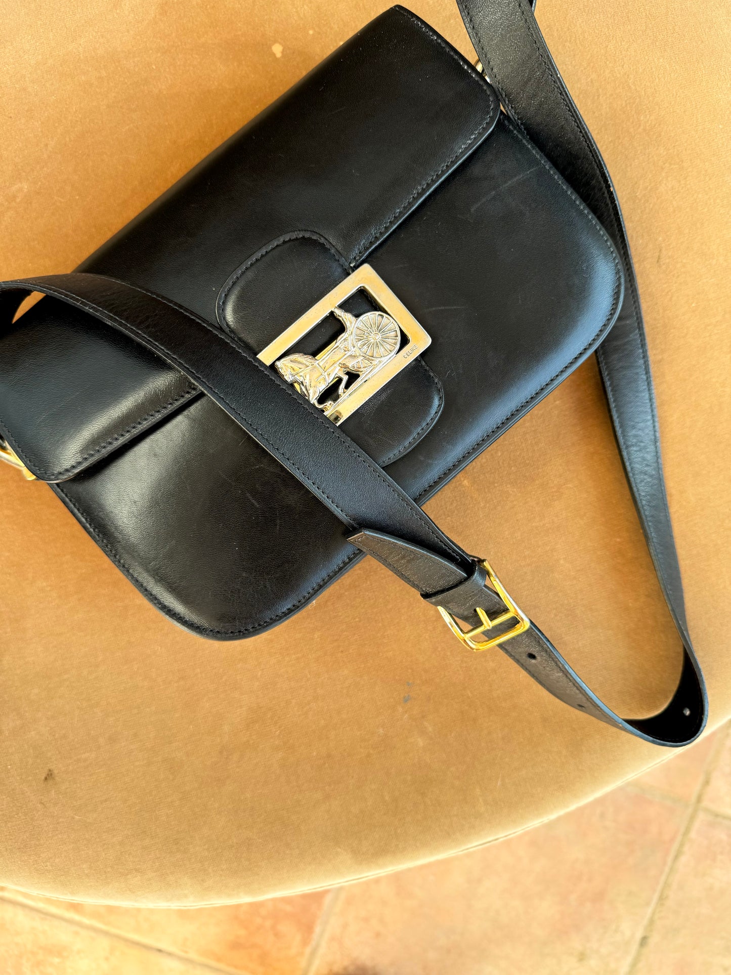 Authentic Vintage CELINE Carriage Leather Black Shoulder Bag