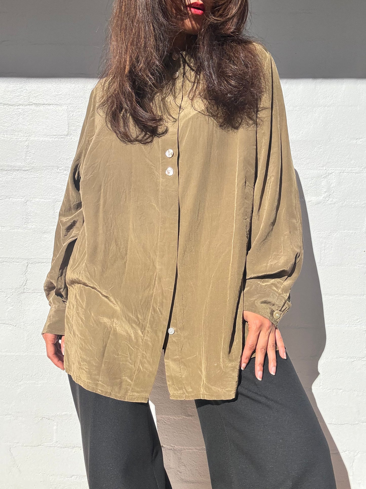 Vintage Olive Green Silk Shirt