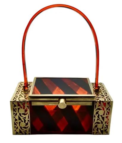 Vintage Tyrolean New York Gold Tone Filigree Black & Orange Striped Lucite Handbag