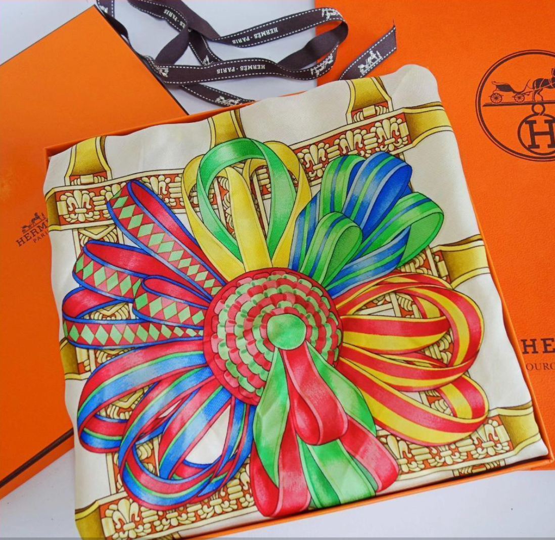 Vintage Hermes Silk Scarf With Box & Bag