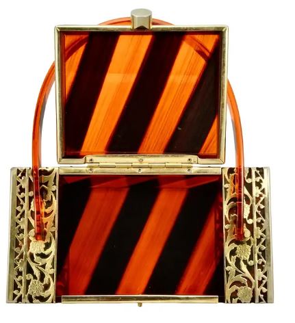 Vintage Tyrolean New York Gold Tone Filigree Black & Orange Striped Lucite Handbag